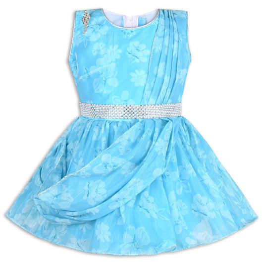 Girls Chiffon Party Dress with Floral Print and Stone Belt