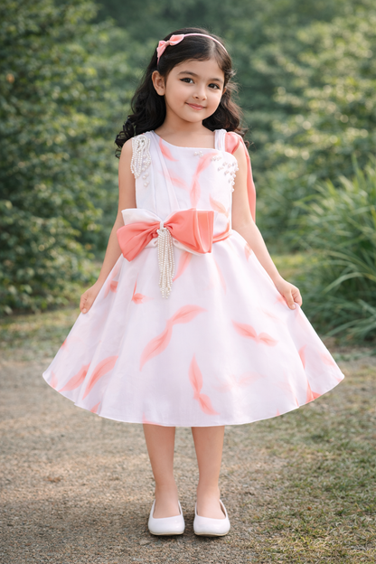 One-Shoulder Satin Floral Pattern with Pearl Bow Detail