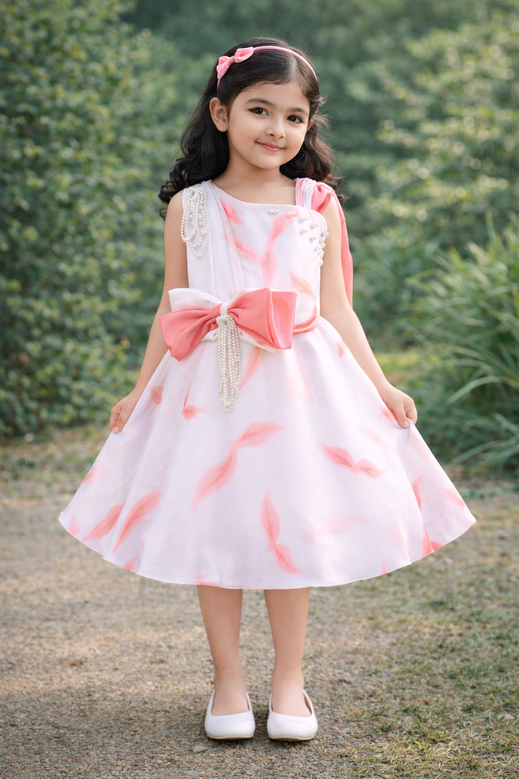 One-Shoulder Satin Floral Pattern with Pearl Bow Detail