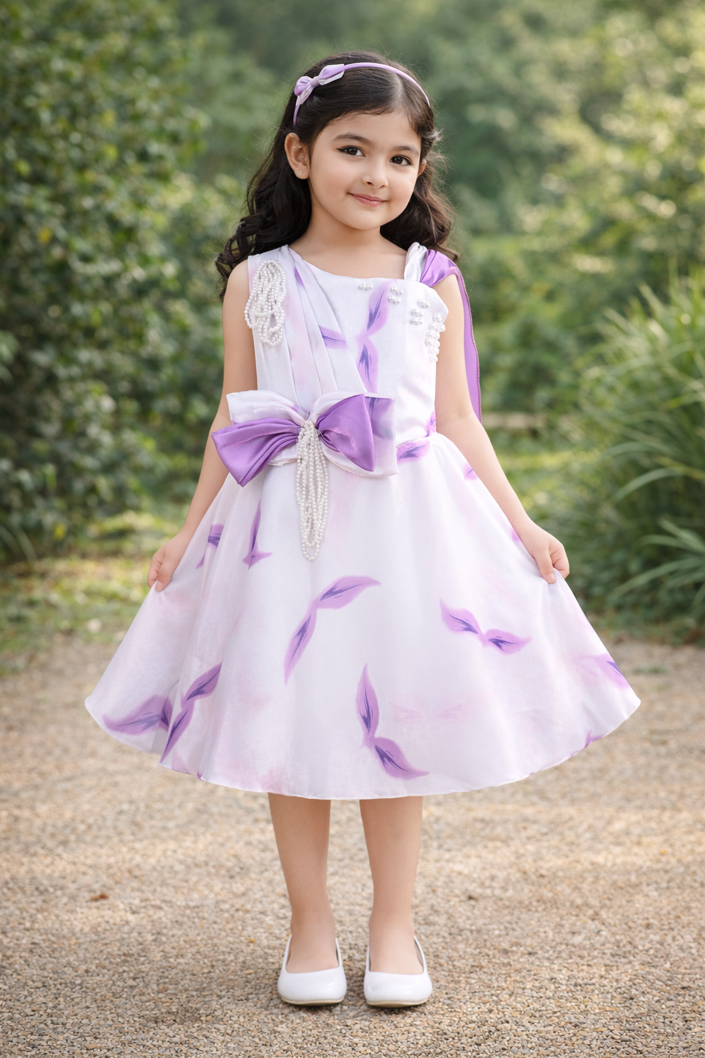 One-Shoulder Satin Floral Pattern with Pearl Bow Detail