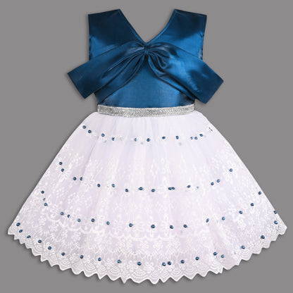Elegant Satin & Net Party Dress for Girls â€“ Sleeveless Design with Bow and Embellished Lace Skirt