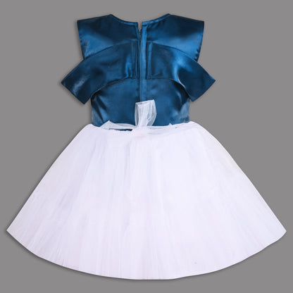 Elegant Satin & Net Party Dress for Girls â€“ Sleeveless Design with Bow and Embellished Lace Skirt