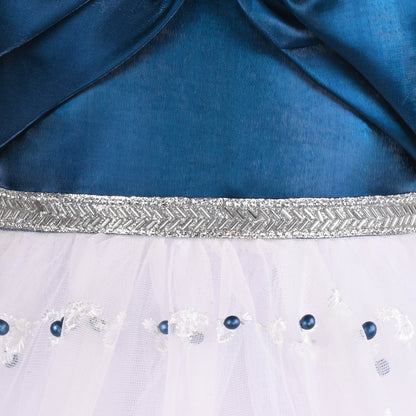 Elegant Satin & Net Party Dress for Girls â€“ Sleeveless Design with Bow and Embellished Lace Skirt