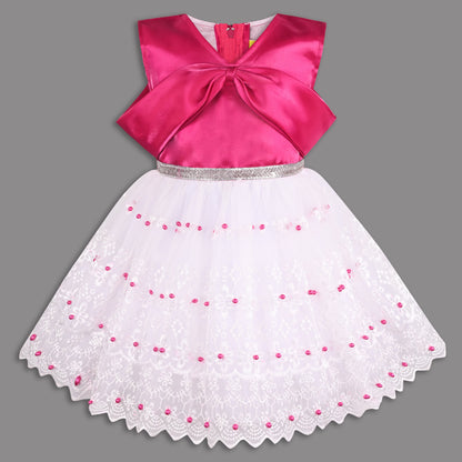 Elegant Satin & Net Party Dress for Girls â€“ Sleeveless Design with Bow and Embellished Lace Skirt