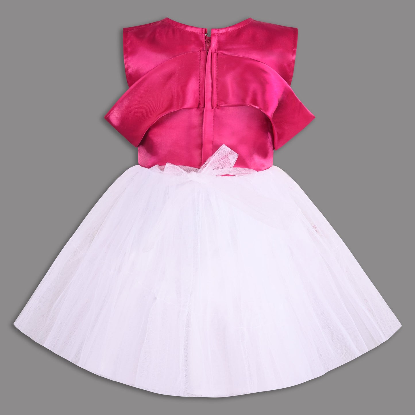 Elegant Satin & Net Party Dress for Girls â€“ Sleeveless Design with Bow and Embellished Lace Skirt