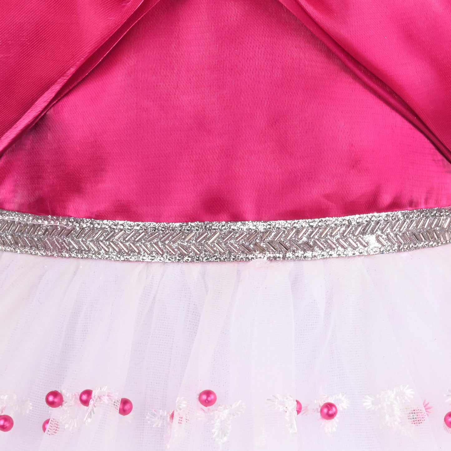Elegant Satin & Net Party Dress for Girls â€“ Sleeveless Design with Bow and Embellished Lace Skirt