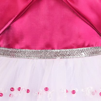 Elegant Satin & Net Party Dress for Girls â€“ Sleeveless Design with Bow and Embellished Lace Skirt