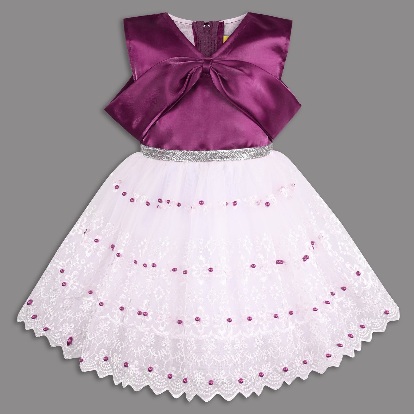 Elegant Satin & Net Party Dress for Girls â€“ Sleeveless Design with Bow and Embellished Lace Skirt