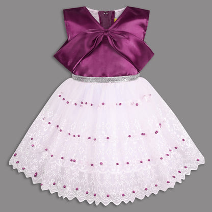 Elegant Satin & Net Party Dress for Girls â€“ Sleeveless Design with Bow and Embellished Lace Skirt