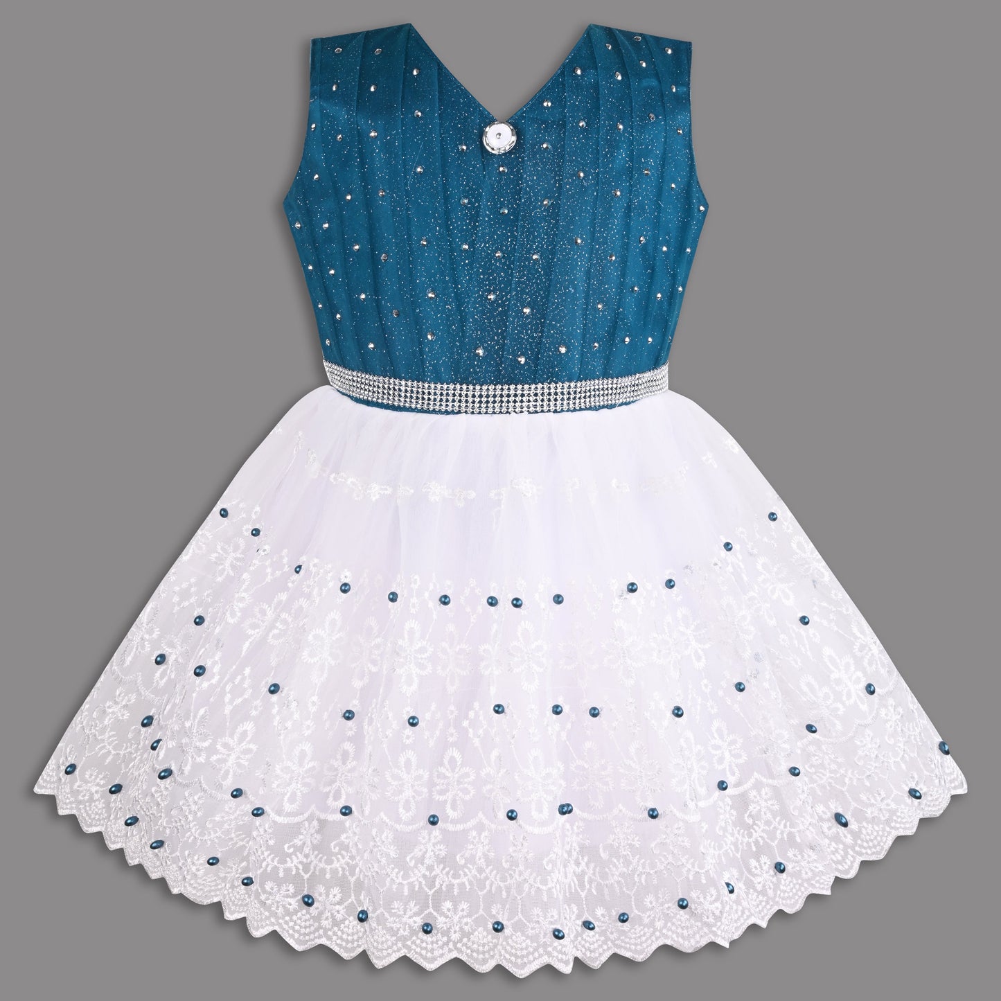 Stylish Net Party Dress for Girls â€“ Sleeveless Design with Embellished Lace and Sparkle Details