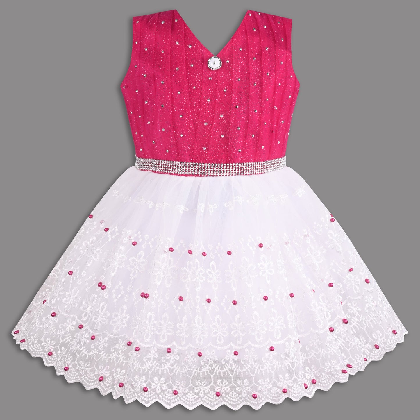 Stylish Net Party Dress for Girls â€“ Sleeveless Design with Embellished Lace and Sparkle Details