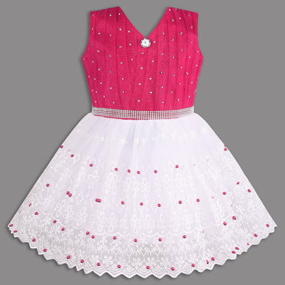 Stylish Net Party Dress for Girls â€“ Sleeveless Design with Embellished Lace and Sparkle Details
