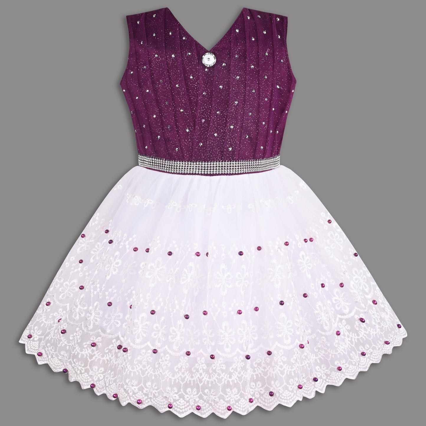 Stylish Net Party Dress for Girls â€“ Sleeveless Design with Embellished Lace and Sparkle Details