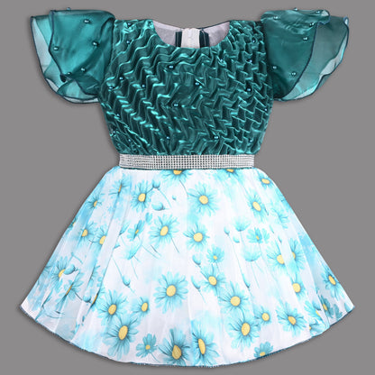 Beautiful Satin Party Dress for Girls â€“ Puff Sleeves with Floral Print Skirt and Pearl Detailing