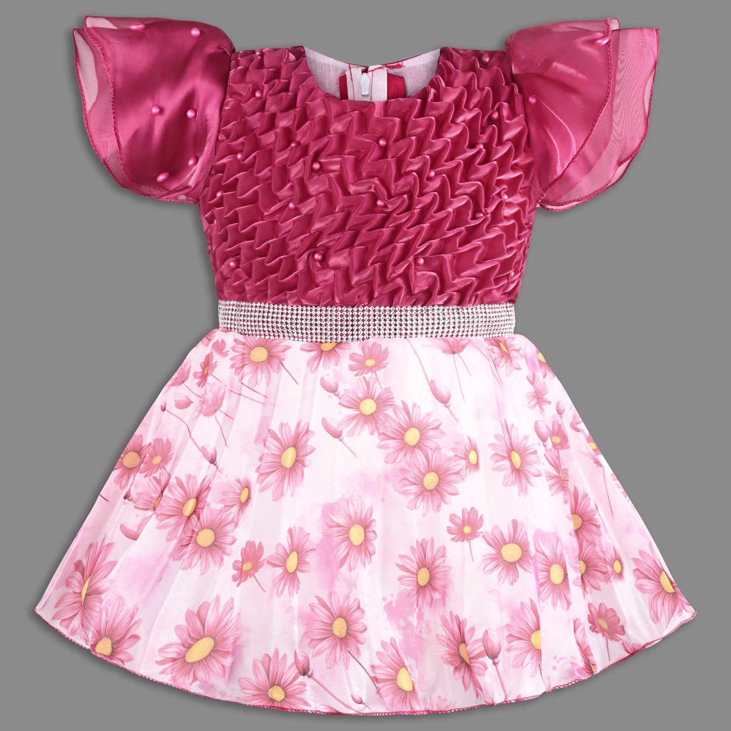 Beautiful Satin Party Dress for Girls â€“ Puff Sleeves with Floral Print Skirt and Pearl Detailing