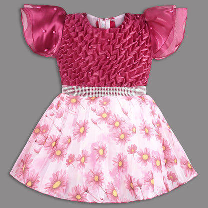 Beautiful Satin Party Dress for Girls â€“ Puff Sleeves with Floral Print Skirt and Pearl Detailing