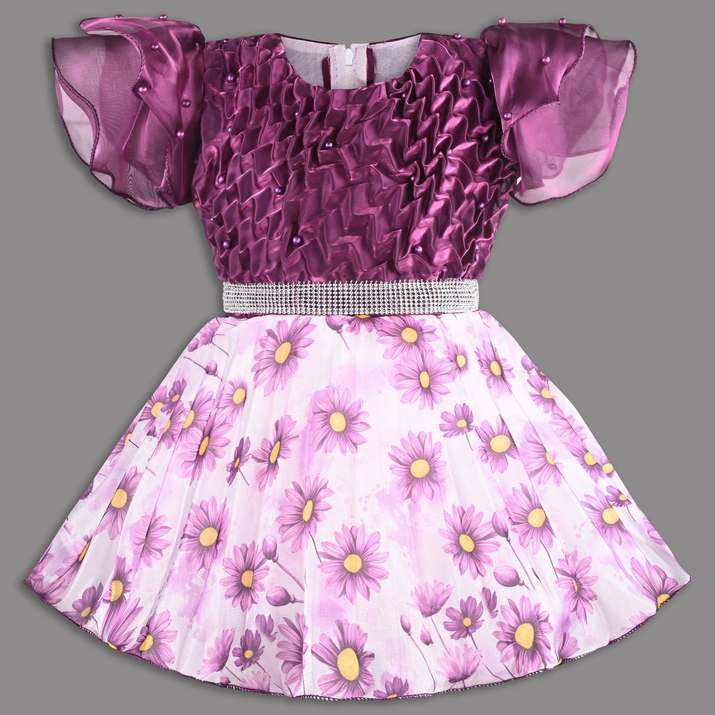 Beautiful Satin Party Dress for Girls â€“ Puff Sleeves with Floral Print Skirt and Pearl Detailing