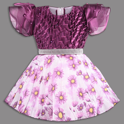 Beautiful Satin Party Dress for Girls â€“ Puff Sleeves with Floral Print Skirt and Pearl Detailing