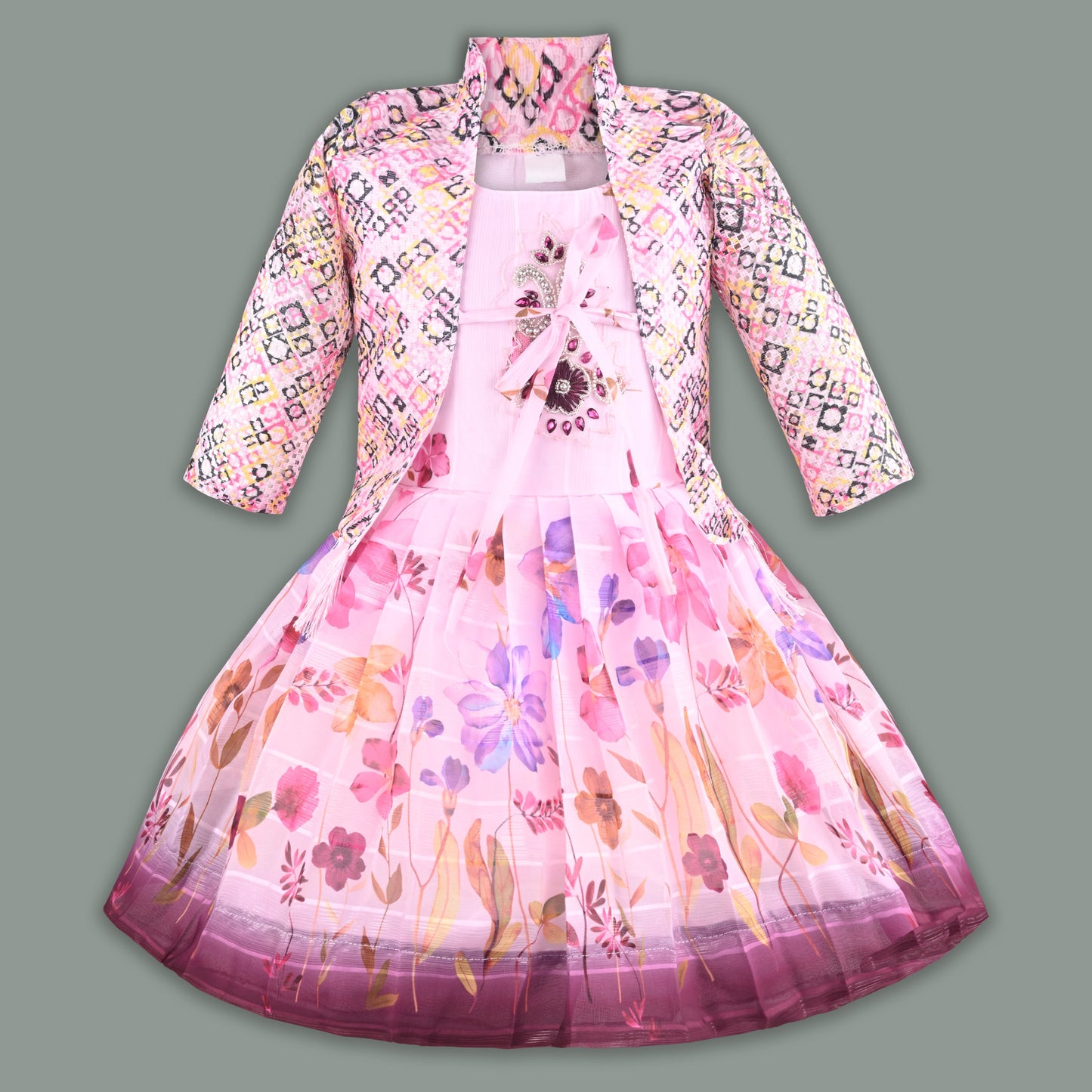 Baby Girls Georgette Party Wear Dress with Jacket | Floral Printed Frock & Embellished Inner Dress | Birthday & Festive Outfit