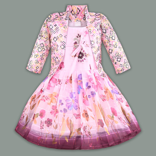 Baby Girls Georgette Party Wear Dress with Jacket | Floral Printed Frock & Embellished Inner Dress | Birthday & Festive Outfit