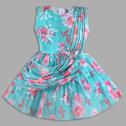 Elegant Floral Georgette Party Dress for Girls â€“ Sleeveless Design with Drape and Flower Embellishment