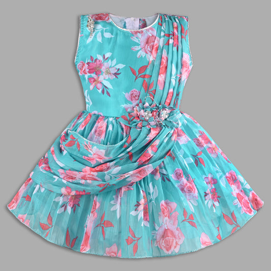 Elegant Floral Georgette Party Dress for Girls â€“ Sleeveless Design with Drape and Flower Embellishment