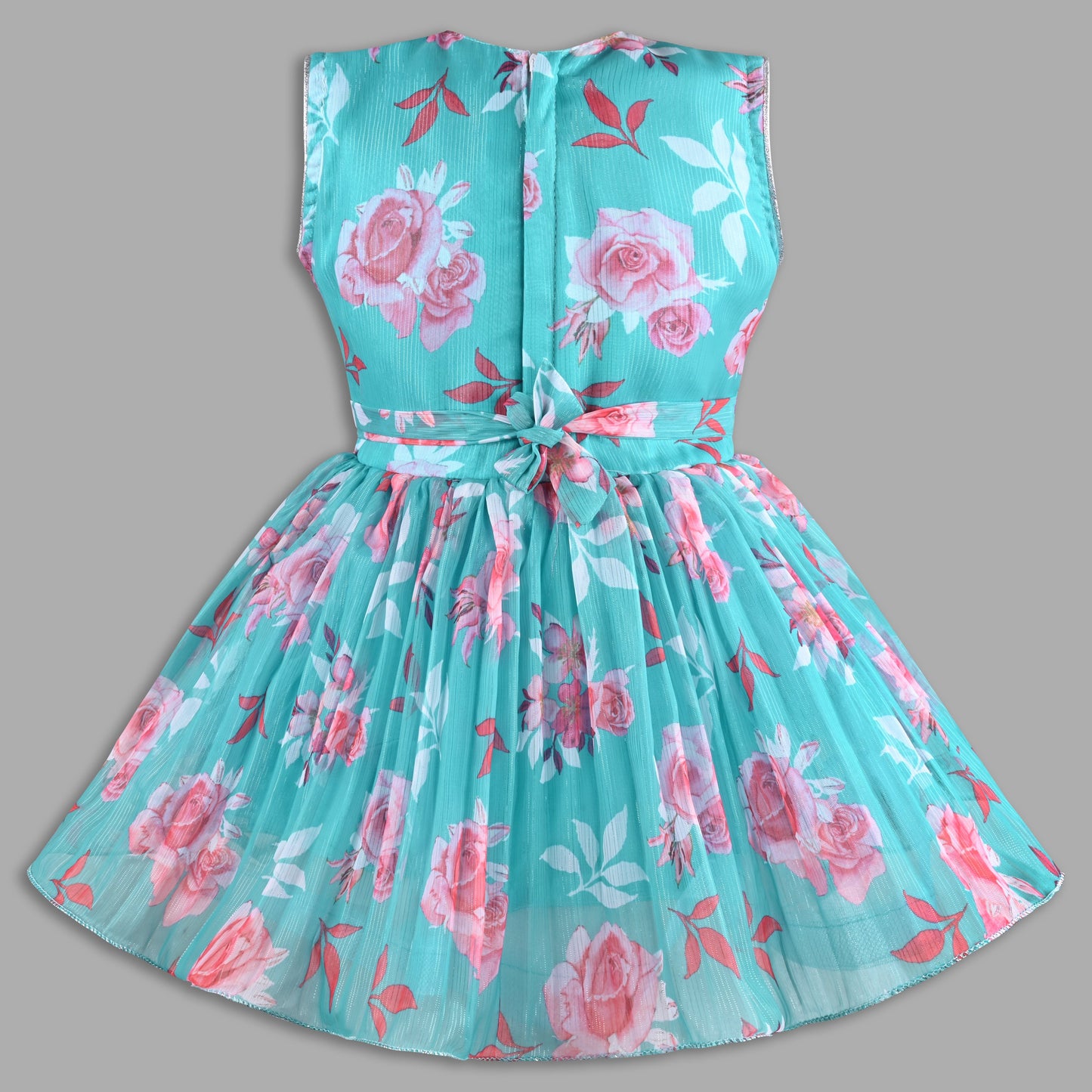 Elegant Floral Georgette Party Dress for Girls â€“ Sleeveless Design with Drape and Flower Embellishment