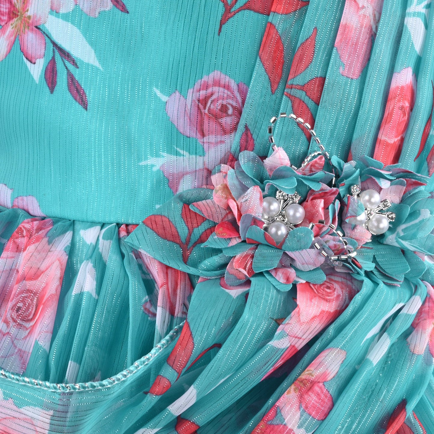 Elegant Floral Georgette Party Dress for Girls â€“ Sleeveless Design with Drape and Flower Embellishment