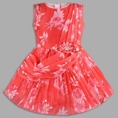 Elegant Floral Georgette Party Dress for Girls â€“ Sleeveless Design with Drape and Flower Embellishment