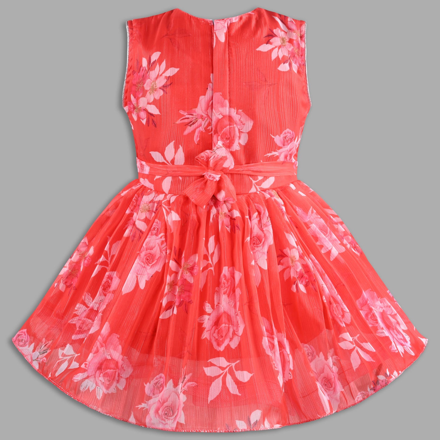 Elegant Floral Georgette Party Dress for Girls â€“ Sleeveless Design with Drape and Flower Embellishment