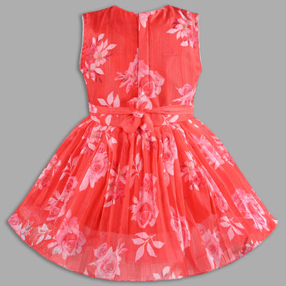 Elegant Floral Georgette Party Dress for Girls â€“ Sleeveless Design with Drape and Flower Embellishment