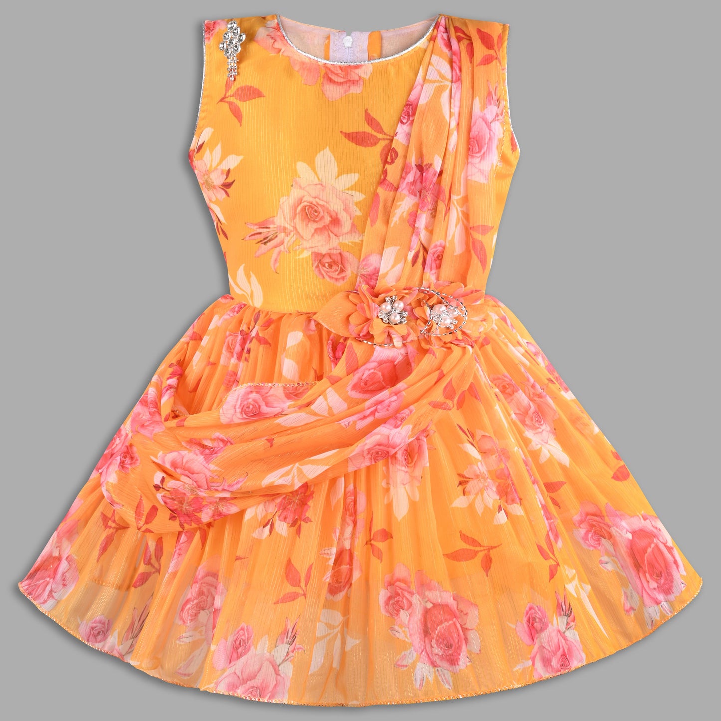 Elegant Floral Georgette Party Dress for Girls â€“ Sleeveless Design with Drape and Flower Embellishment