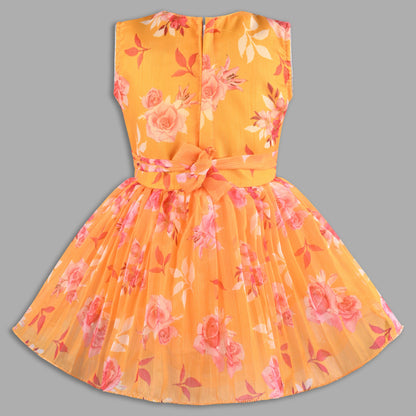 Elegant Floral Georgette Party Dress for Girls â€“ Sleeveless Design with Drape and Flower Embellishment