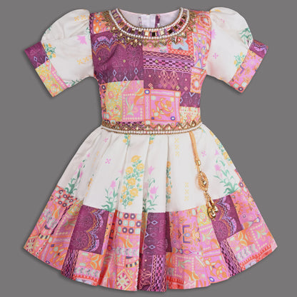 Multicolor Printed Satin Ethnic Frock with Beaded Neckline