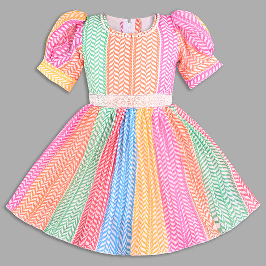 Girls Multicolor Party Wear Fit and Flare Dress - Georgette