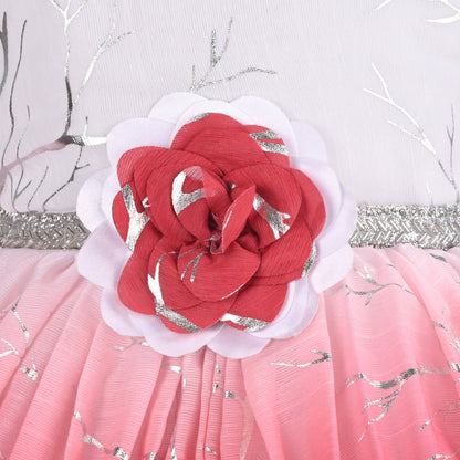 Baby Girls Chiffon Party Wear Dress | Ombre Floral Frock with Waist Flower & Stone Work | Birthday & Festive Outfit