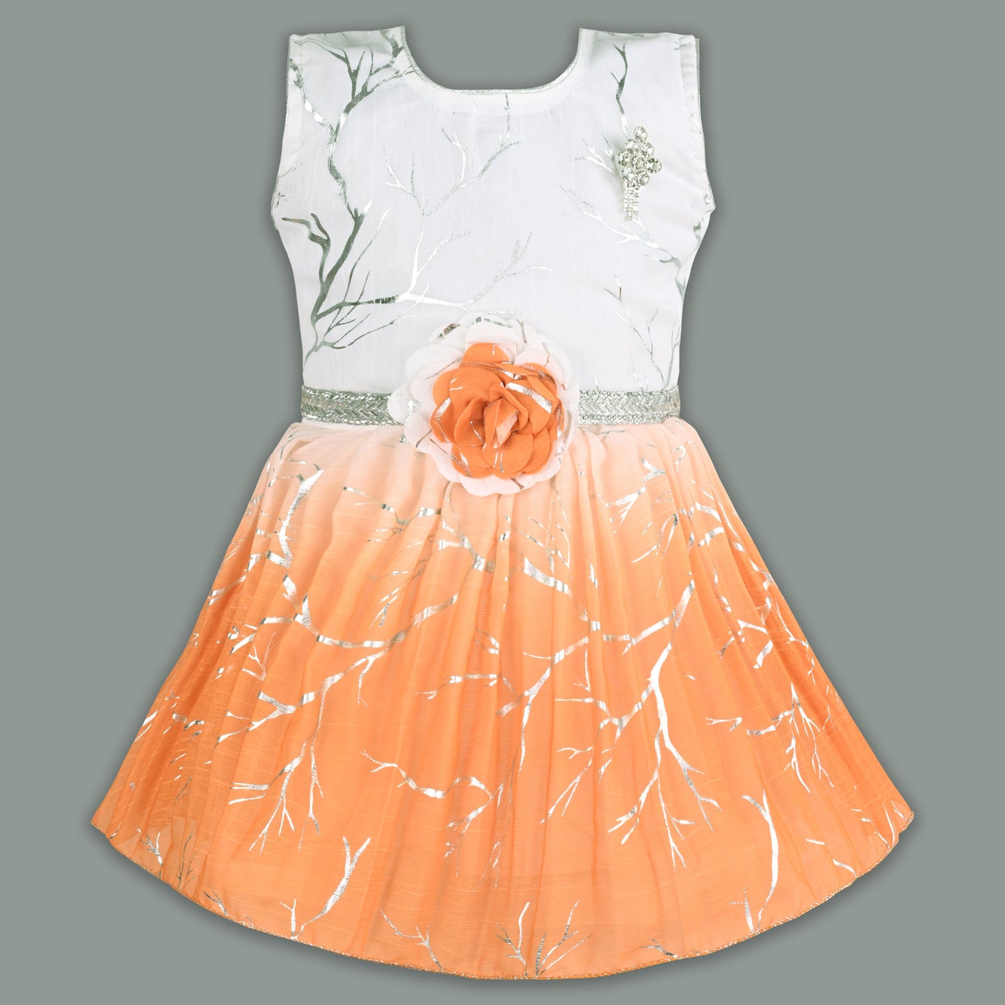Baby Girls Chiffon Party Wear Dress | Ombre Floral Frock with Waist Flower & Stone Work | Birthday & Festive Outfit