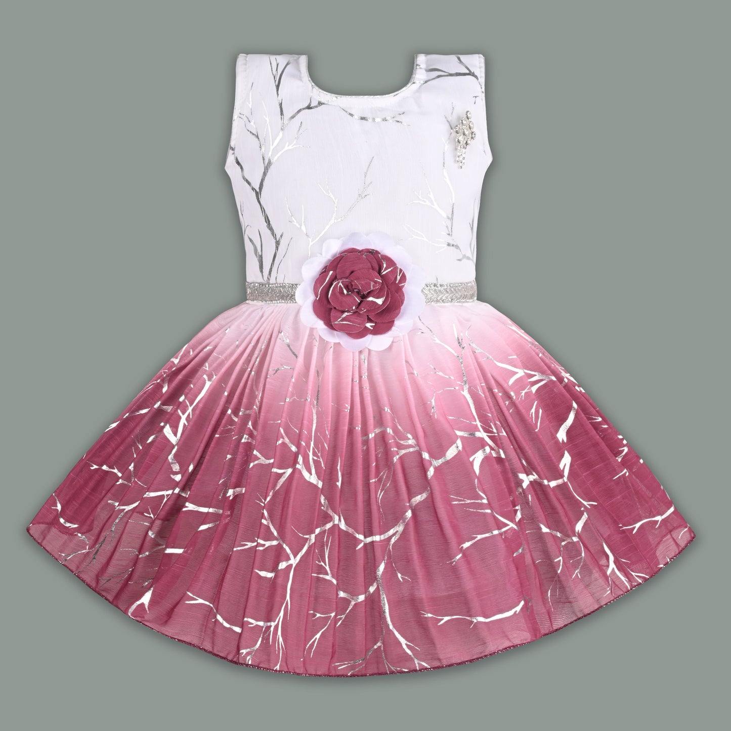Baby Girls Chiffon Party Wear Dress | Ombre Floral Frock with Waist Flower & Stone Work | Birthday & Festive Outfit