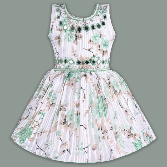 Girls Chiffon Party Dress with Floral Print and Mirror Work