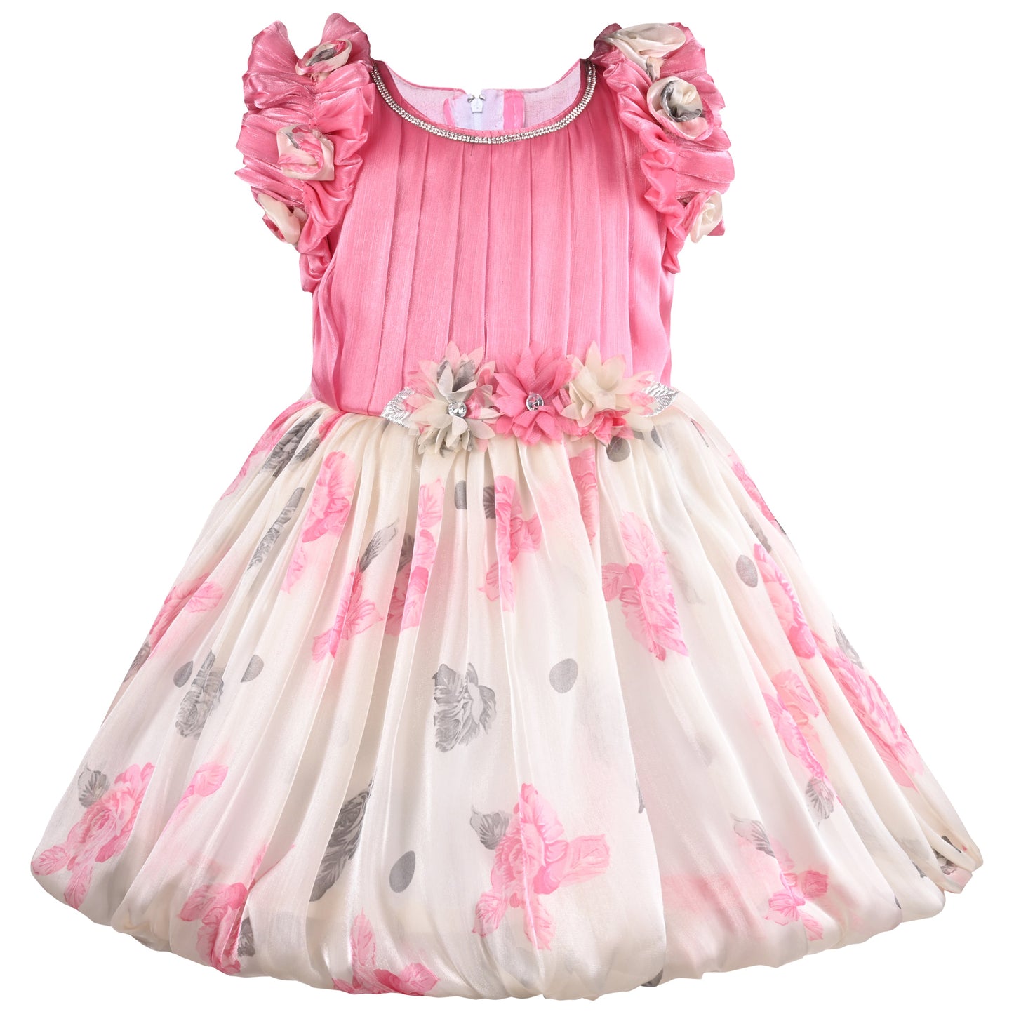 Girls Floral Print Embellished Balloon Party Dress