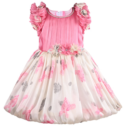 Girls Floral Print Embellished Balloon Party Dress