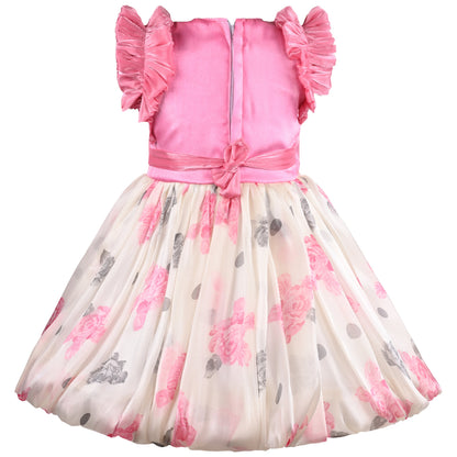 Girls Floral Print Embellished Balloon Party Dress