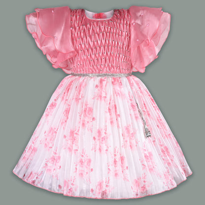 Girls Floral Rhinestone Pleated Dress