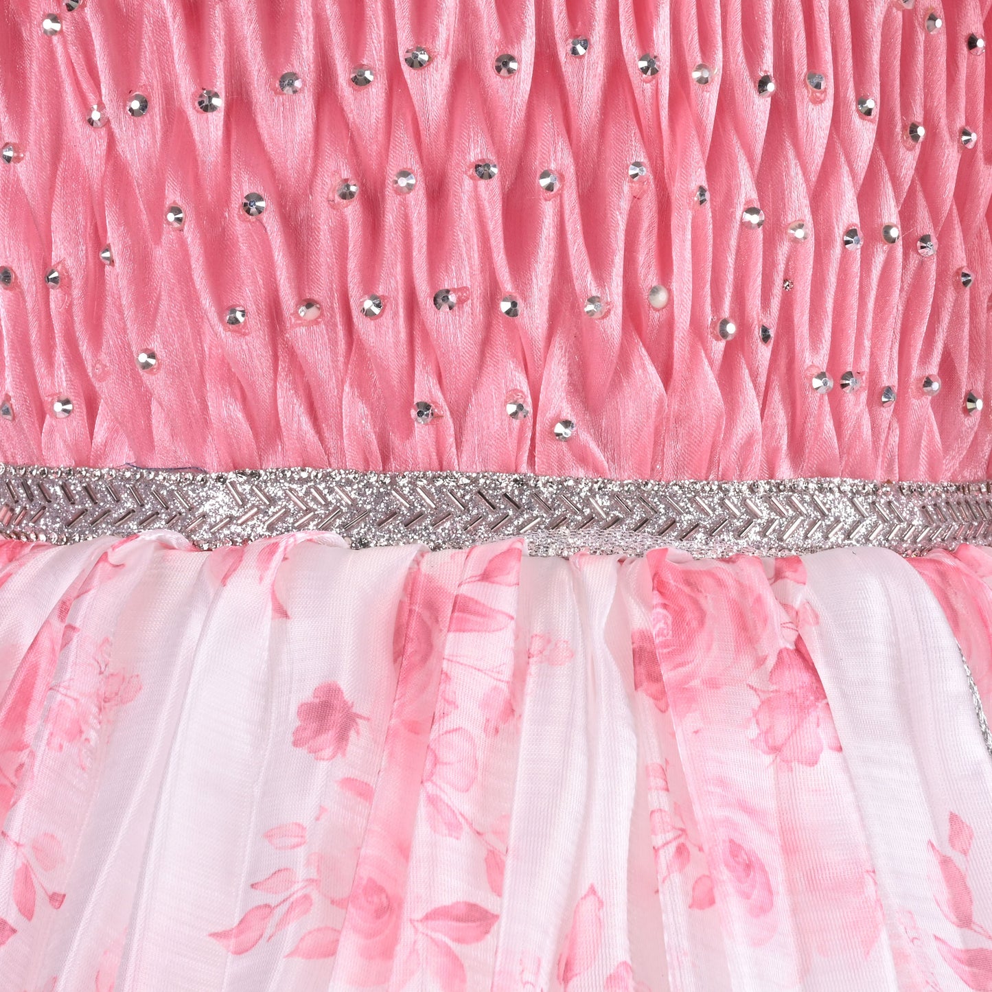 Girls Floral Rhinestone Pleated Dress