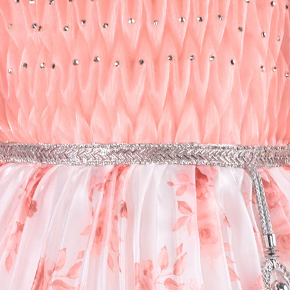 Girls Floral Rhinestone Pleated Dress