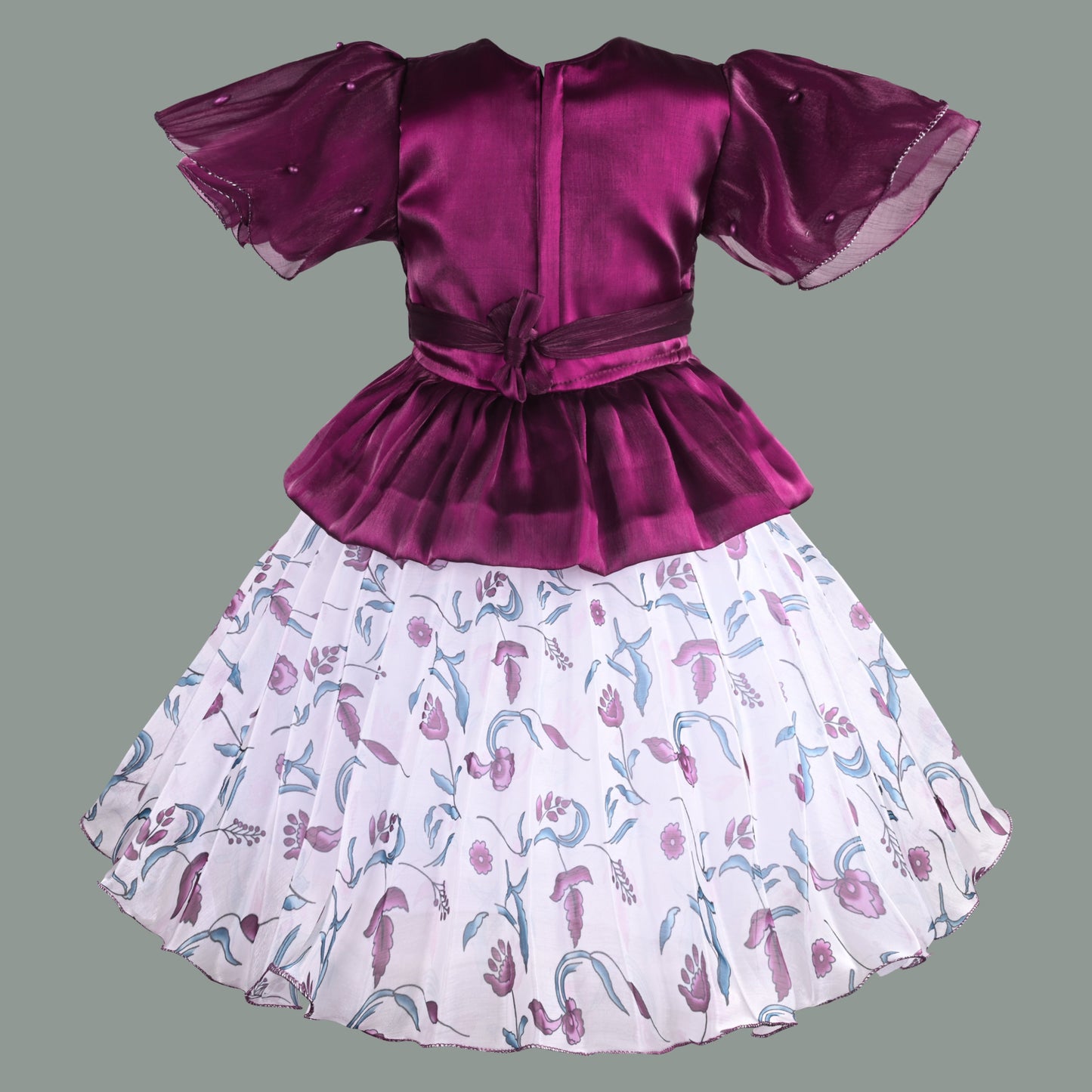 Girls Floral Applique Embellished Ruffle Sleeve Printed Party Dress