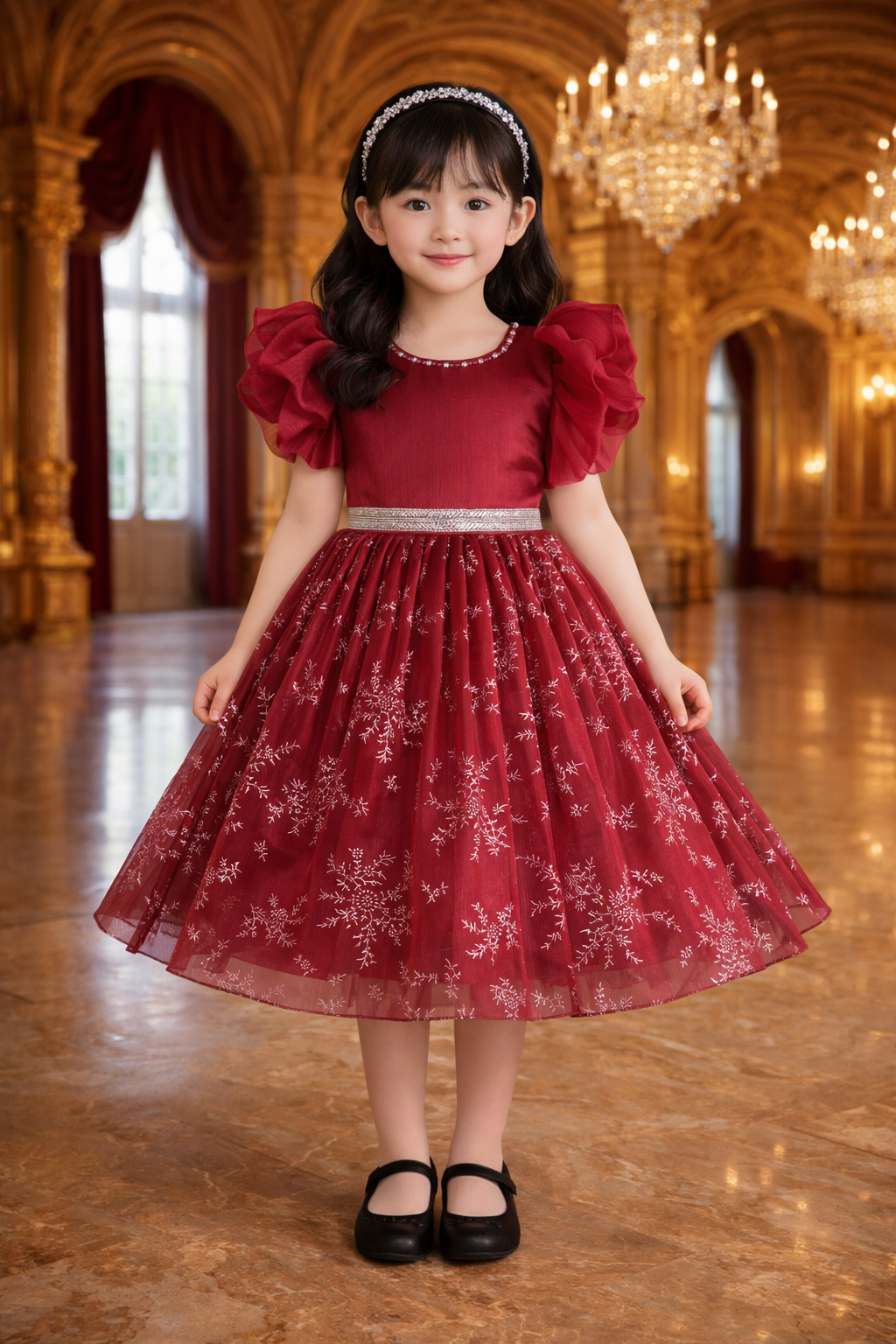 Girls Studded Balloon Sleeve Glitter Floral Party Dress