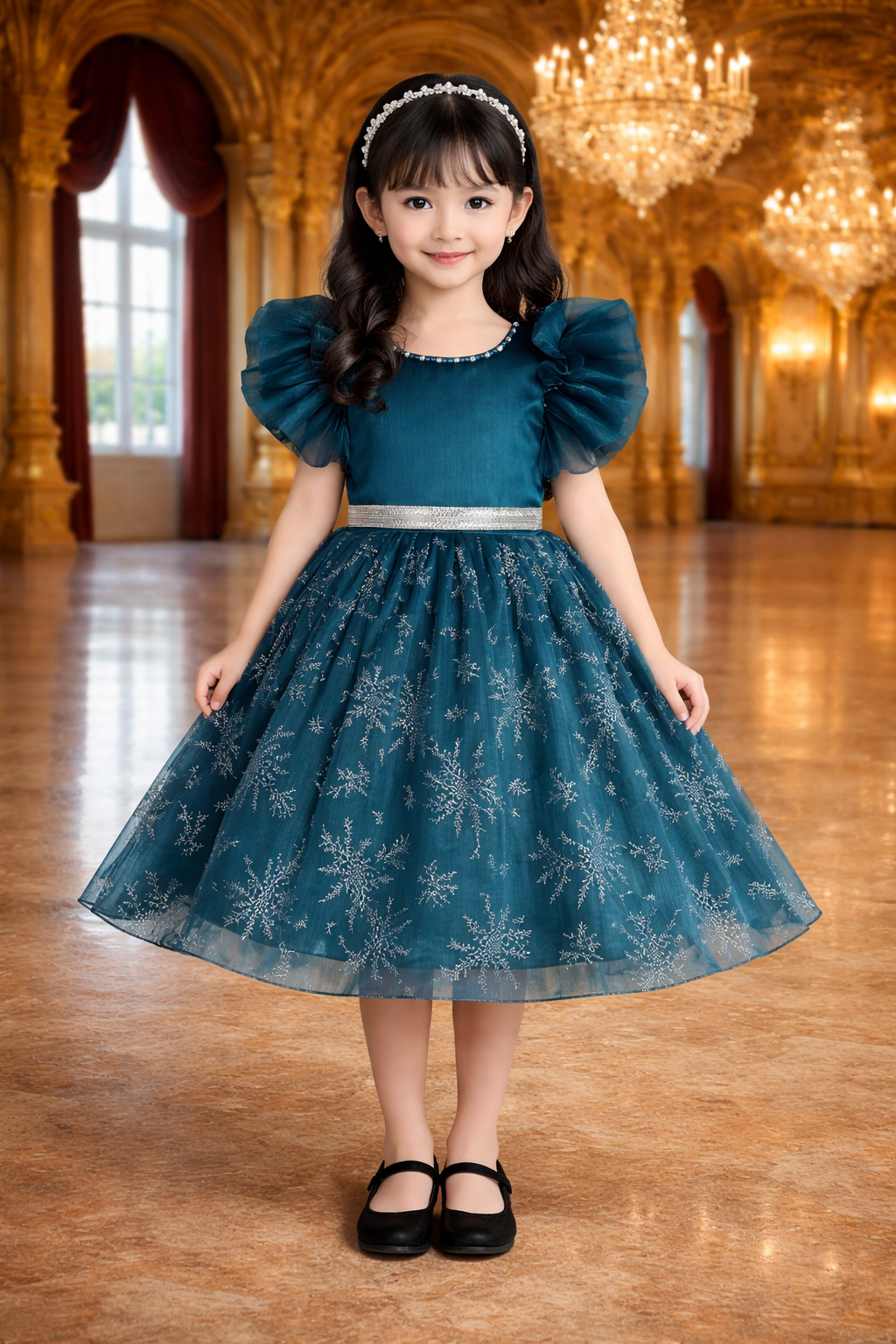 Girls Studded Balloon Sleeve Glitter Floral Party Dress