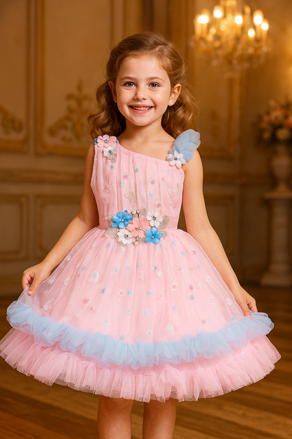 Girls Floral Net Flared Party Dress with Glitter Work