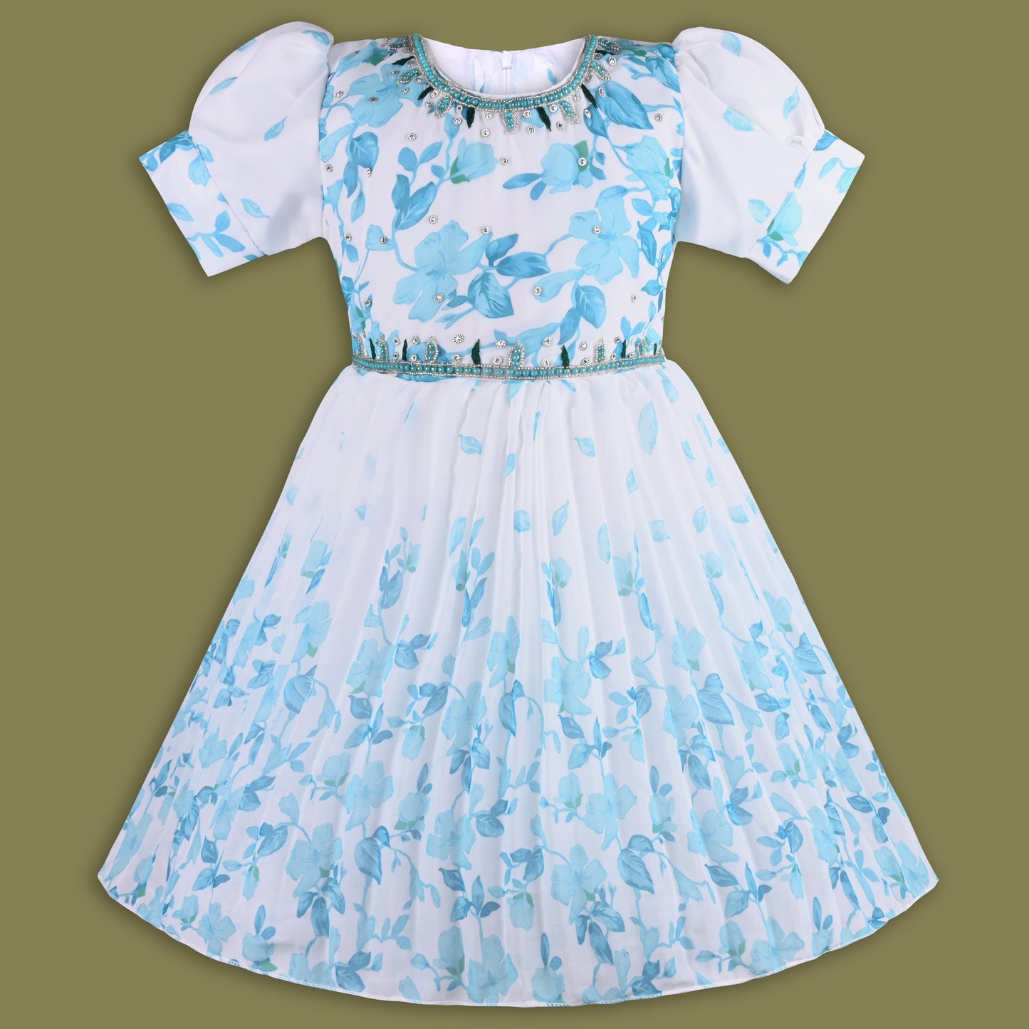 Girls Floral Print Bead Embellished Flared Party Dress